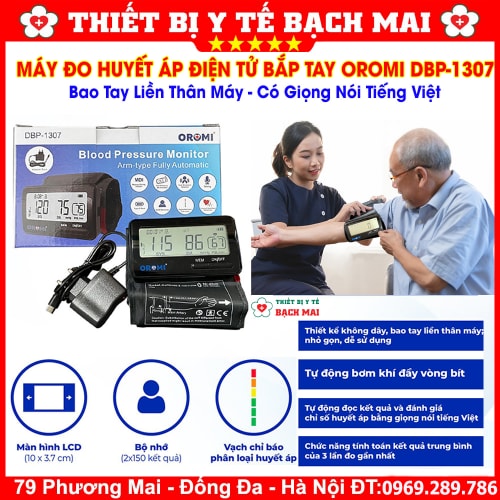  Máy Đo Huyết Áp Điện Tử Bắp Tay OROMI DBP-1307, Bao Tay Liền Thân Máy, Đọc Kết Quả Tiếng Việt